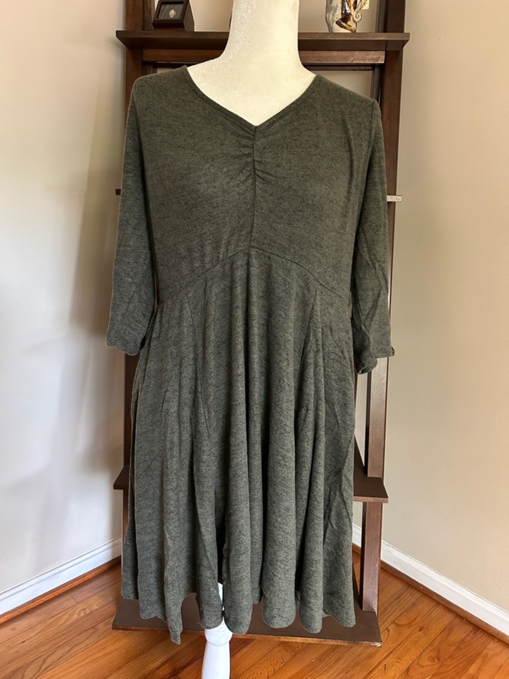 Torrid Olive V-Neck Midi Dress with 3 Quarter Sleeve and Pockets.